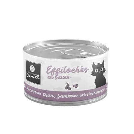 Effilochés sans céréales au thon, jambon et baies sauvages pour chat, 73% de viande. Disponible chez Animal-Land, La Côte-Saint-André.