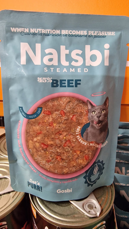 Sachet Natsbi Steamed Cat Bœuf 80g - repas complet cuisiné vapeur pour chat - Animal-Land