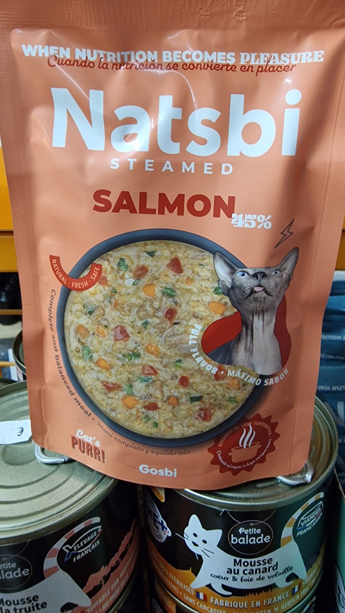 Sachet Natsbi Steamed Cat Saumon 80g - repas complet vapeur pour chat - Animal-Land