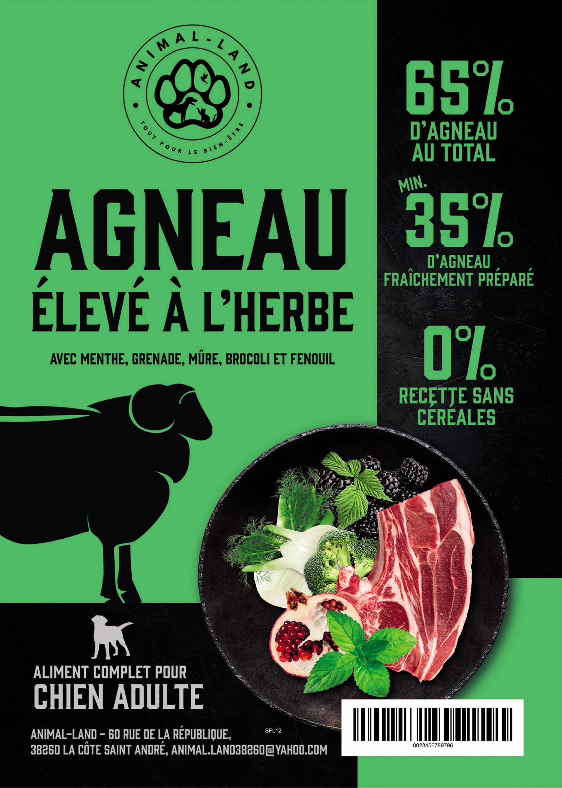 Intensité 65 — Adulte Agneau élevé à l'herbe, menthe, grenade, mûre, brocoli, fenouil. 65% d'agneau élevé à l'herbe, plus maigre et riche en oméga-3, pour un meilleur rapport oméga-3/oméga-6
Sans céréales, adapté aux chiens sensibles ou intolérants
Collagène naturel pour soutenir les articulations, les os et la peau
Enrichi en prébiotiques MOS et FOS pour une santé digestive optimale
Cuisson douce à 82°C (technologie Freshtrusion) pour préserver protéines, vitamines et minéraux
Mélange de 5 superaliments 