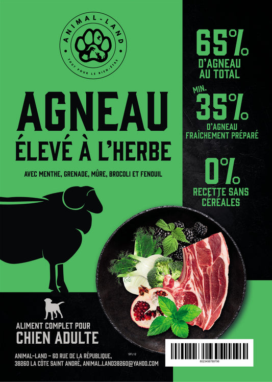 Intensité 65 — Adulte Agneau élevé à l'herbe, menthe, grenade, mûre, brocoli, fenouil. 65% d'agneau élevé à l'herbe, plus maigre et riche en oméga-3, pour un meilleur rapport oméga-3/oméga-6
Sans céréales, adapté aux chiens sensibles ou intolérants
Collagène naturel pour soutenir les articulations, les os et la peau
Enrichi en prébiotiques MOS et FOS pour une santé digestive optimale
Cuisson douce à 82°C (technologie Freshtrusion) pour préserver protéines, vitamines et minéraux
Mélange de 5 superaliments 