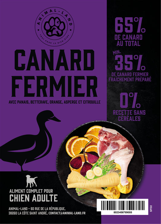 Intensité 65 — Adulte Canard fermier, panais, betterave, orange, asperge, citrouille. 65% de canard fermier, élevé en plein air pour une viande plus savoureuse et riche en protéines
Sans céréales, adapté aux chiens sensibles ou intolérants
Collagène naturel pour soutenir les articulations, les os et la peau
Enrichi en prébiotiques MOS et FOS pour une santé digestive optimale
Cuisson douce à 82°C (technologie Freshtrusion) pour préserver protéines, vitamines et minéraux
Mélange de 5 superaliments (panais.)