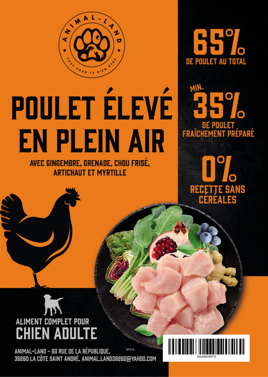 Intensité 65 — Adulte Poulet élevé en plein air, gingembre, grenade, chou frisé, artichaut, myrtille. 65% de poulet élevé en plein air, pour une viande plus savoureuse et riche en protéines
Sans céréales, adapté aux chiens sensibles ou intolérants
Collagène naturel pour soutenir les articulations, les os et la peau
Enrichi en prébiotiques MOS et FOS pour une santé digestive optimale
Cuisson douce à 82°C (technologie Freshtrusion) pour préserver protéines, vitamines et minéraux
Mélange de 5 superaliments 