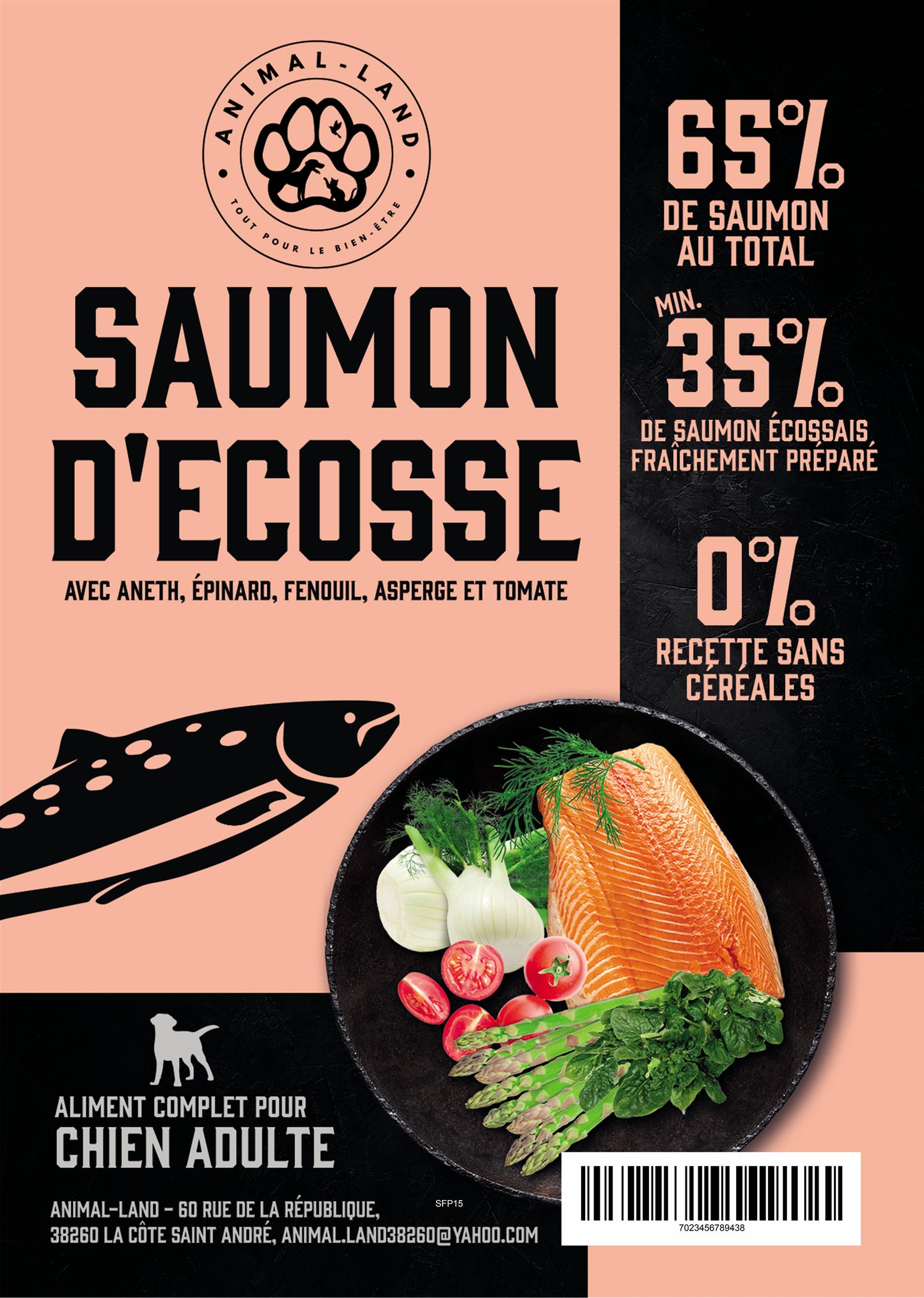 Intensité 65 — Adulte Saumon d'Écosse, aneth, épinard, fenouil, asperge, tomate. 65% de saumon d'Écosse frais, issu de pêcheries durables (élevage non intensif, nage libre)
Sans céréales, adapté aux chiens sensibles ou intolérants
Collagène naturel pour soutenir les articulations, les os et la peau
Enrichi en prébiotiques MOS et FOS pour une santé digestive optimale
Cuisson douce à 82°C (technologie Freshtrusion) pour préserver protéines, vitamines et minéraux
Mélange de 5 superaliments (aneth, épinard.