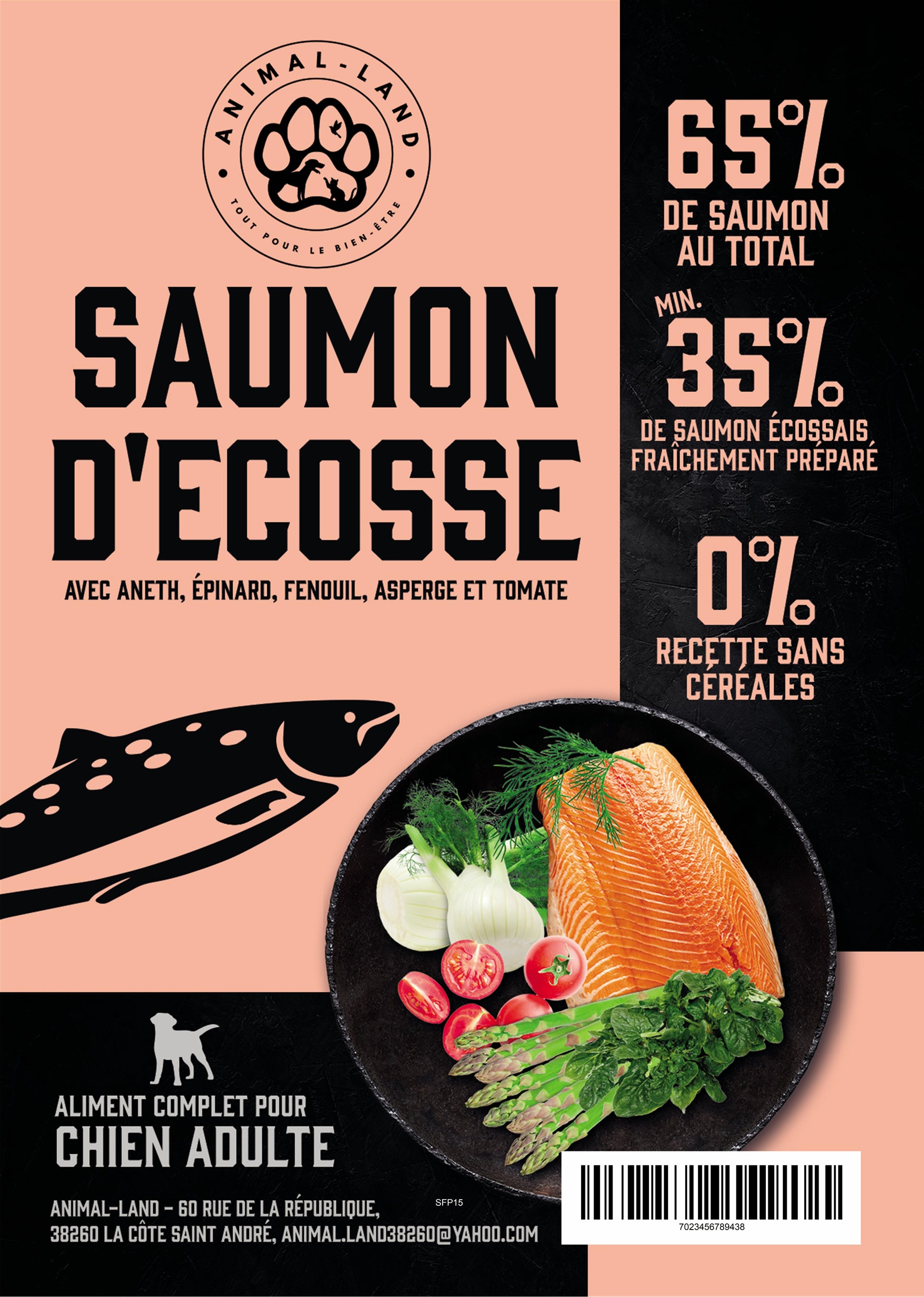 Intensité 65 — Adulte Saumon d'Écosse, aneth, épinard, fenouil, asperge, tomate. 65% de saumon d'Écosse frais, issu de pêcheries durables (élevage non intensif, nage libre)
Sans céréales, adapté aux chiens sensibles ou intolérants
Collagène naturel pour soutenir les articulations, les os et la peau
Enrichi en prébiotiques MOS et FOS pour une santé digestive optimale
Cuisson douce à 82°C (technologie Freshtrusion) pour préserver protéines, vitamines et minéraux
Mélange de 5 superaliments (aneth, épinard.