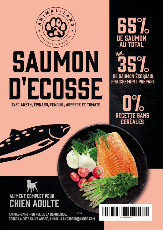 Intensité 65 — Adulte Saumon d'Écosse, aneth, épinard, fenouil, asperge, tomate. 65% de saumon d'Écosse frais, issu de pêcheries durables (élevage non intensif, nage libre)
Sans céréales, adapté aux chiens sensibles ou intolérants
Collagène naturel pour soutenir les articulations, les os et la peau
Enrichi en prébiotiques MOS et FOS pour une santé digestive optimale
Cuisson douce à 82°C (technologie Freshtrusion) pour préserver protéines, vitamines et minéraux
Mélange de 5 superaliments (aneth, épinard.