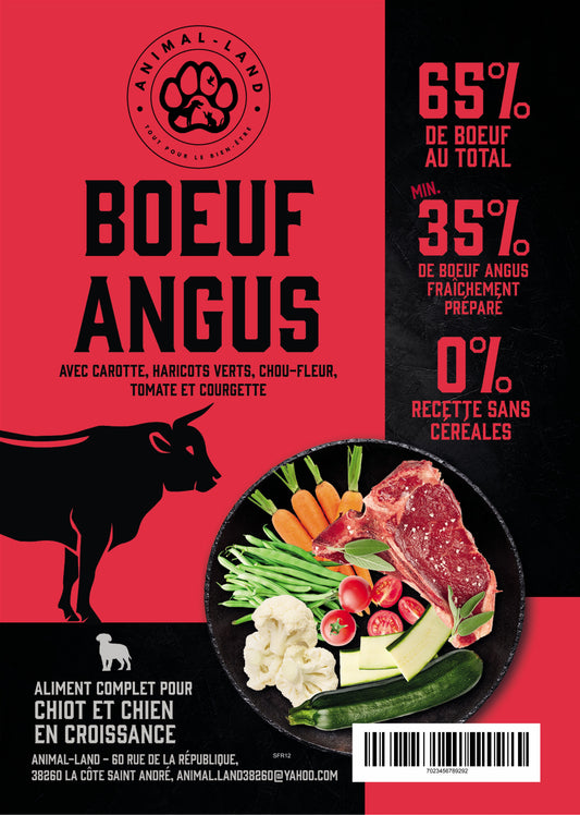 Intensité 65 — Chiot Bœuf Angus, carotte, haricot vert, chou-fleur, tomate, courgette . 65% de bœuf Angus, viande de meilleure qualité avec une forte teneur en muscle et un persillage fin
Sans céréales, adapté aux chiens sensibles ou intolérants
Collagène naturel pour soutenir les articulations, les os et la peau
Enrichi en prébiotiques MOS et FOS pour une santé digestive optimale
Cuisson douce à 82°C (technologie Freshtrusion) pour préserver protéines, vitamines et minéraux
Mélange de 5 superaliments 