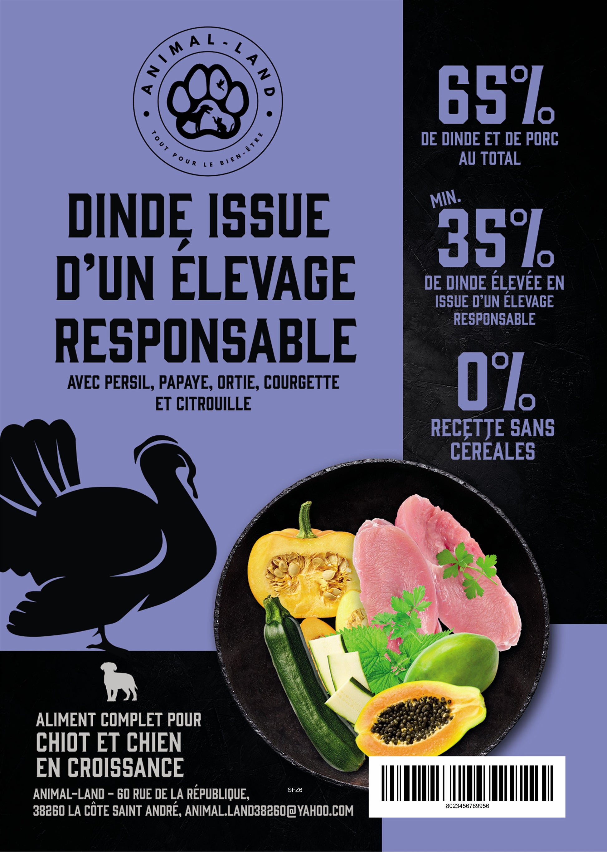 Intensité 65 — Chiot Dinde plein air, persil, papaye, ortie, courgette. 65% de dinde élevée en liberté avec accès à la lumière naturelle et à l'air frais pour une viande plus savoureuse et de meilleure texture
Sans céréales, adapté aux chiens sensibles ou intolérants
Collagène naturel pour soutenir les articulations, les os et la peau
Enrichi en prébiotiques MOS et FOS pour une santé digestive optimale
Cuisson douce à 82°C (technologie Freshtrusion) pour préserver protéines, vitamines et minéraux
