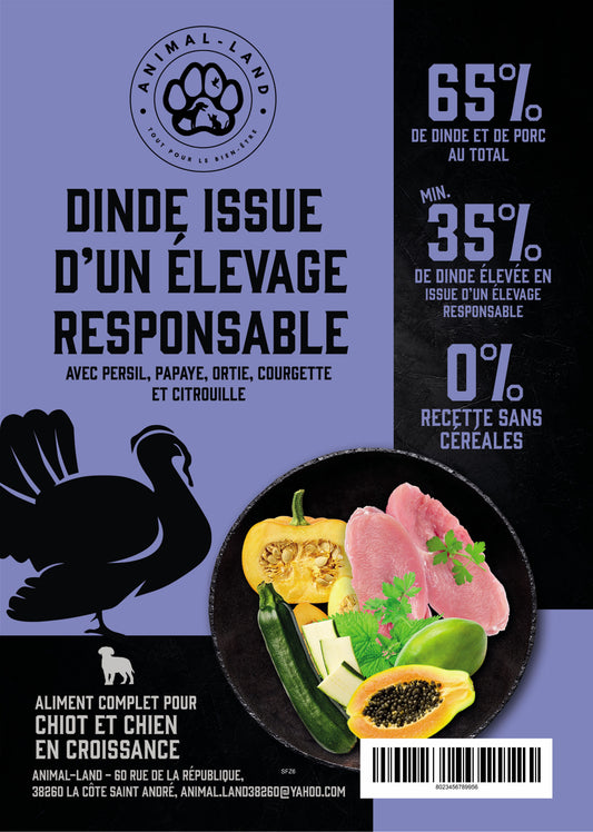 Intensité 65 — Chiot Dinde plein air, persil, papaye, ortie, courgette. 65% de dinde élevée en liberté avec accès à la lumière naturelle et à l'air frais pour une viande plus savoureuse et de meilleure texture
Sans céréales, adapté aux chiens sensibles ou intolérants
Collagène naturel pour soutenir les articulations, les os et la peau
Enrichi en prébiotiques MOS et FOS pour une santé digestive optimale
Cuisson douce à 82°C (technologie Freshtrusion) pour préserver protéines, vitamines et minéraux
