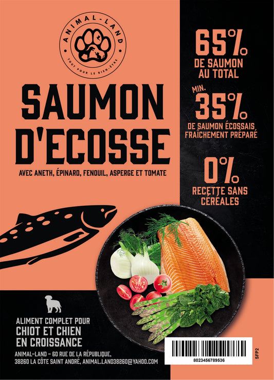 Intensité 65 — Chiot Saumon écossais, aneth, épinard, fenouil, asperge, tomate. Santé de la peau et du pelage : Les oméga-3 et le collagène naturel améliorent la douceur du pelage et réduisent la perte de poils.
Soutien articulaire : Le collagène naturel présent dans le saumon frais aide à maintenir la santé des articulations et des os.
Santé digestive : Les prébiotiques MOS et FOS favorisent une flore intestinale saine.
Superaliments : Apport en antioxydants, béta-carotène, calcium, fibres, folate, fer.