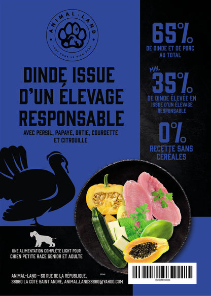 Intensité 65 — Tout Stade de Vie Petite race Dinde Light. 65% de dinde et de porc au total, dont 35% de dinde élevée en plein air fraîchement préparée
Pack soin des articulations (glucosamine, chondroïtine, MSM) pour soutenir le cartilage et la mobilité des chiens âgés
Collagène d'origine naturelle pour la santé des os, des articulations et de la peau
Provitamine L-Carnitine pour aider à maintenir un poids santé et préserver la masse musculaire maigre chez les chiens âgés
Superaliments naturels : persil.