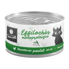 Effilochés monoprotéiques au poulet et riz pour chat stérilisé, 75% de viande. Disponible chez Animal-Land, La Côte-Saint-André