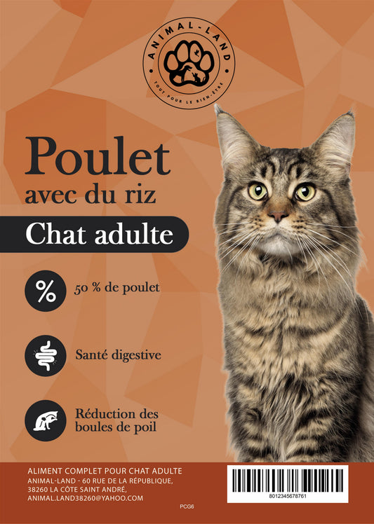 Nutrisain Chat — Poulet, riz - Adulte. Avec 50 % de poulet frais et du riz de qualité, cette recette est conçue pour offrir à votre chat une alimentation équilibrée, savoureuse et facile à digérer. Parce qu’un chat en pleine forme, ça commence par ce qu’il mange.