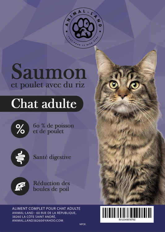 Nutrisain Chat — Saumon & Poulet, riz - Adulte. Cette recette allie 60 % de saumon et poulet frais à du riz soigneusement sélectionné, pour offrir à votre chat une alimentation riche en protéines de qualité et adaptée à ses besoins. Parce qu’il mérite le meilleur, sans compromis.