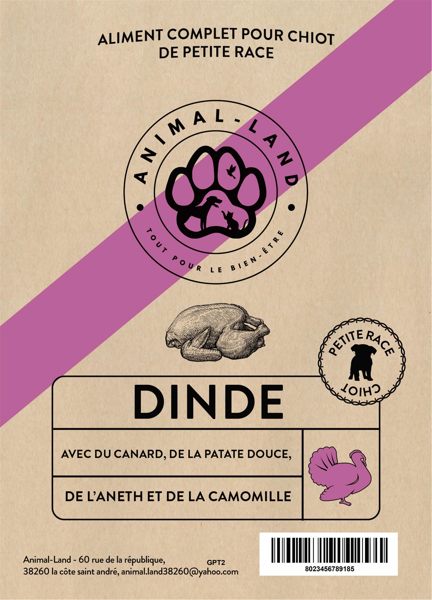 Origine 50 — chiot dinde, canard, patate douce, aneth et camomille. 60 % de dinde et canard au total, sources de protéines de qualité
26 % minimum de dinde fraîchement préparée, hautement digestible
Formule santé des articulations (glucosamine, chondroïtine) adaptée à la croissance des chiots
Complément en Oméga-3 pour le développement cognitif et visuel
Patate douce : alternative saine aux céréales, source de vitamines B
Sans colorants ni conservateurs artificiels (conservation naturelle 