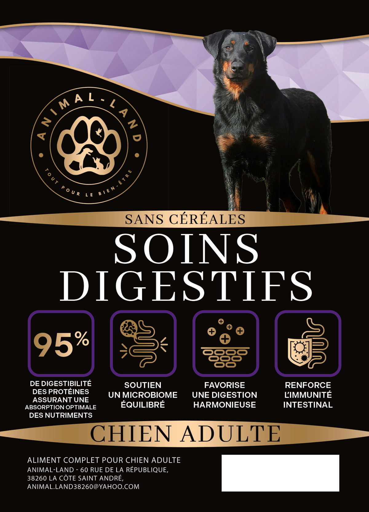 Précision 3 — Soins Digestifs & Gastro-Intestinaux Dinde hydrolysée - Adulte. Croquette Animal-Land à base de viande et/ou poisson frais à destination humaine, sans céréales, naturel, totalement hypoallergénique et presque entièrement digestible.
Soutient un microbiome équilibré, favorise une digestion harmonieuse, renforce l’immunité intestinale, absorption des nutriments améliorées. Pour les troubles digestifs : ballonnements, diarrhée, constipation, mauvaise haleine, digestibilité des protéines de 95%.