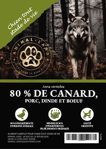 Sauvage 80 — Canard, Porc, Dinde & Bœuf- Tout stade de vie. La recette protéines d'origine terrestre de la gamme Sauvage 80. Riche en nutriments, savoureuse et variée, elle séduit les chiens amateurs de viande rouge et de volaille : une source biodisponible de fer, de zinc et de vitamines B.