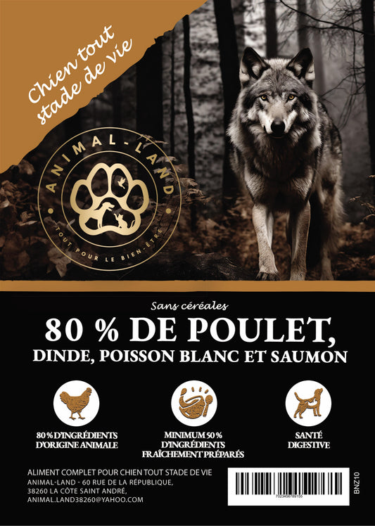 Sauvage 80 — Poulet, Dinde, Poisson blanc & Saumon. La recette terre &amp; mer de la gamme Sauvage 80 : des protéines de volaille maigres et hautement digestibles associées aux oméga-3 du poisson, pour un équilibre nutritionnel idéal au quotidien. Une croquette sans céréales, riche à 80 % d'ingrédients d'origine animale, dont au moins 50 % fraîchement préparés.