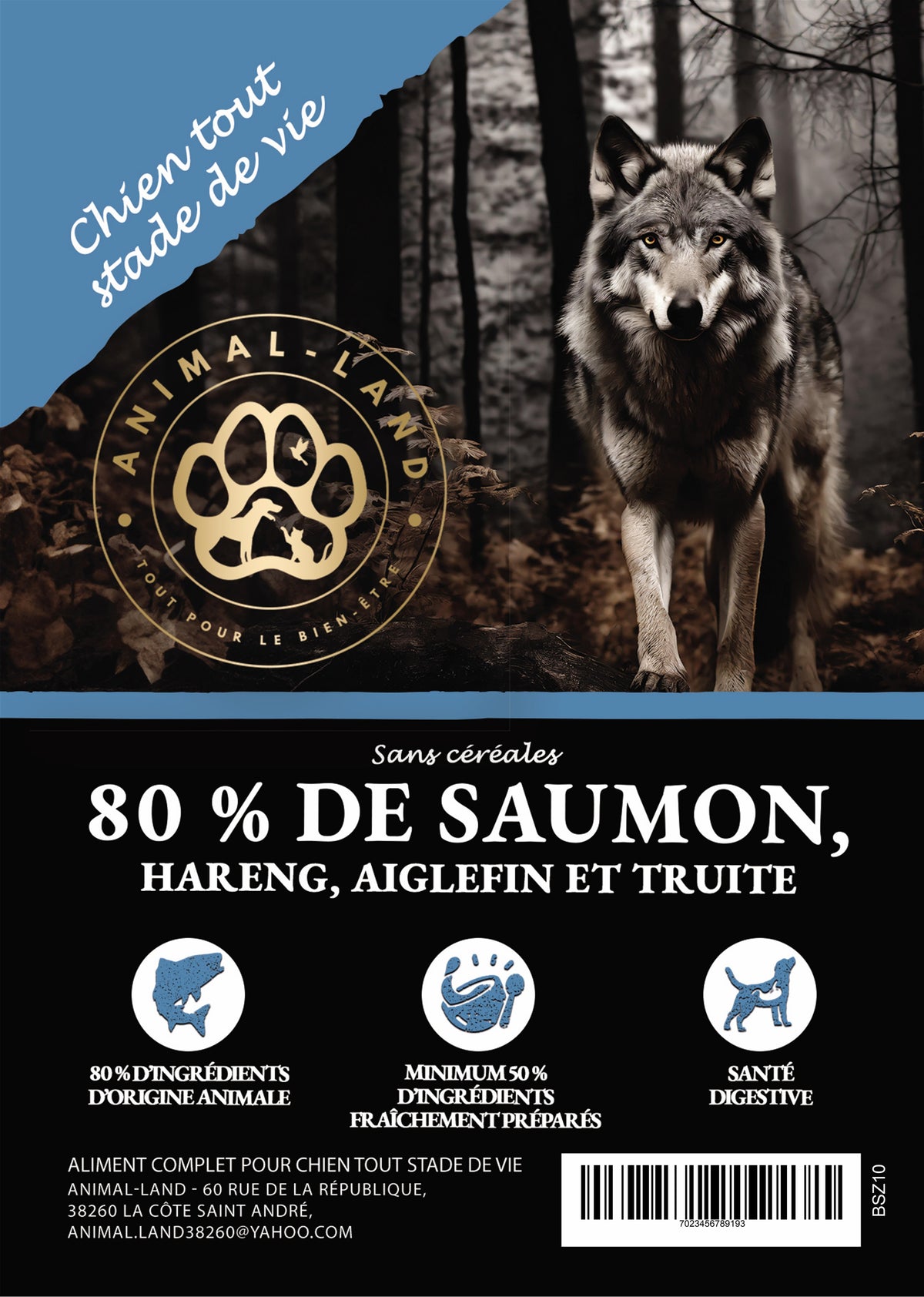 Sauvage 80 — Saumon, Hareng, Aiglefin & Truite- Tout stade de vie. La recette 100 % poisson de la gamme Sauvage 80. Naturellement riche en acides gras oméga-3 à longue chaîne (EPA et DHA), elle soutient la beauté de la peau et du pelage, la santé articulaire, et présente des effets anti-inflammatoires. Idéale pour les chiens sensibles.
