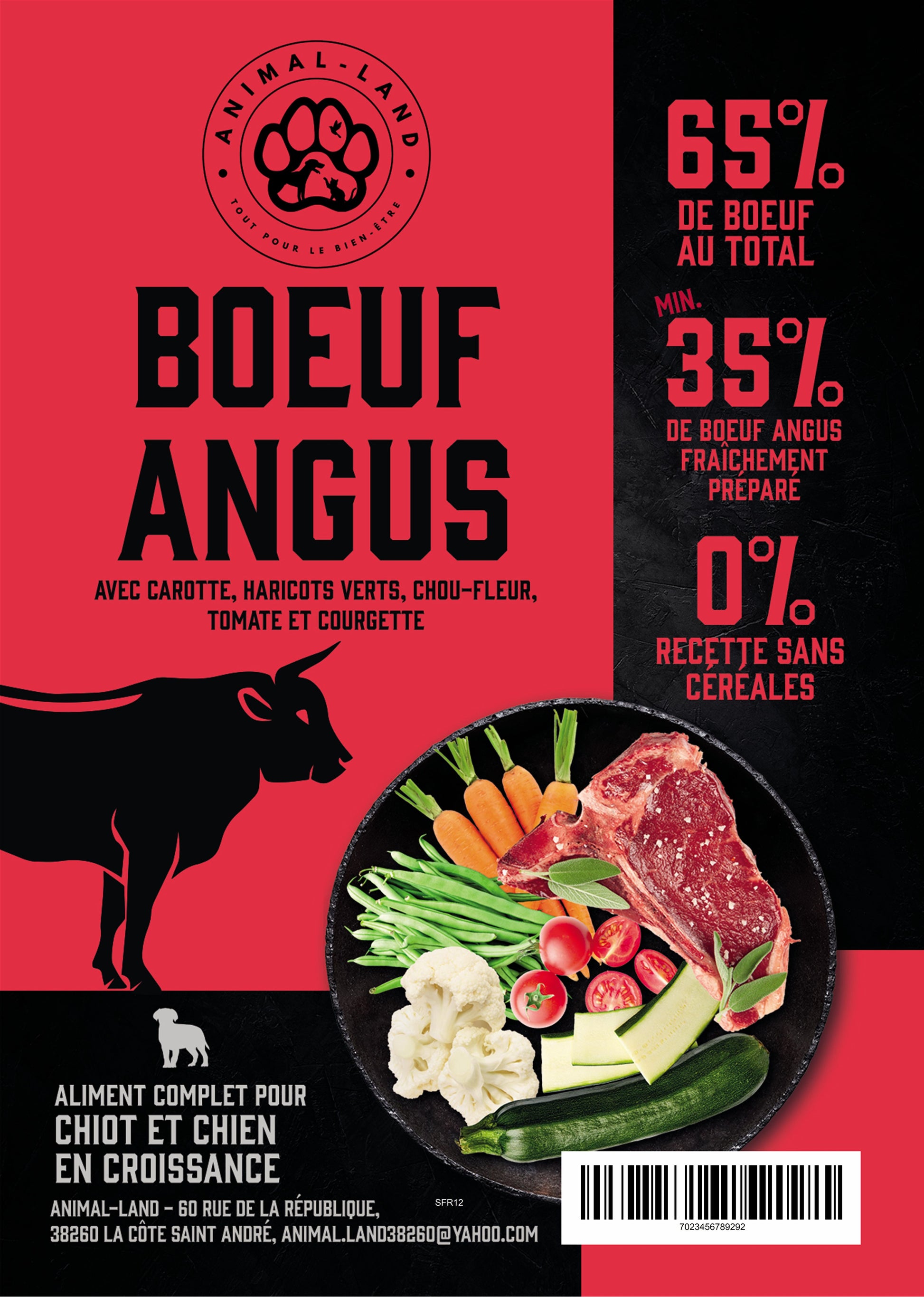 Superfood 65 — Chiot  Bœuf  angus, carotte, haricot vert, chou-fleur, tomate, courgette . 65% de bœuf Angus, viande de meilleure qualité avec une forte teneur en muscle et un persillage fin
Sans céréales, adapté aux chiens sensibles ou intolérants
Collagène naturel pour soutenir les articulations, les os et la peau
Enrichi en prébiotiques MOS et FOS pour une santé digestive optimale
Cuisson douce à 82°C (technologie Freshtrusion) pour préserver protéines, vitamines et minéraux
Mélange de 5 superaliments 