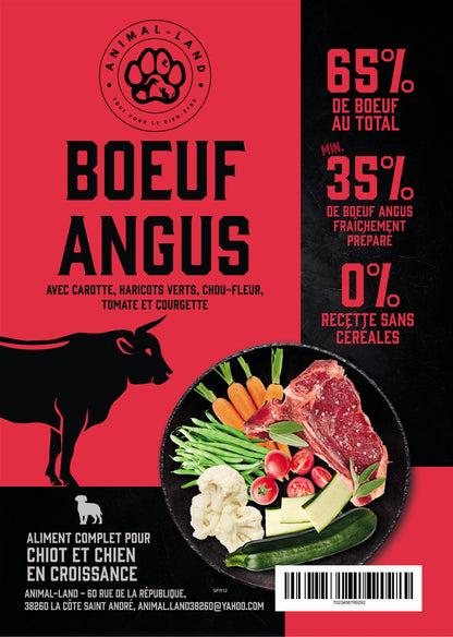 Superfood 65 — Chiot  Bœuf  angus, carotte, haricot vert, chou-fleur, tomate, courgette . 65% de bœuf Angus, viande de meilleure qualité avec une forte teneur en muscle et un persillage fin
Sans céréales, adapté aux chiens sensibles ou intolérants
Collagène naturel pour soutenir les articulations, les os et la peau
Enrichi en prébiotiques MOS et FOS pour une santé digestive optimale
Cuisson douce à 82°C (technologie Freshtrusion) pour préserver protéines, vitamines et minéraux
Mélange de 5 superaliments 