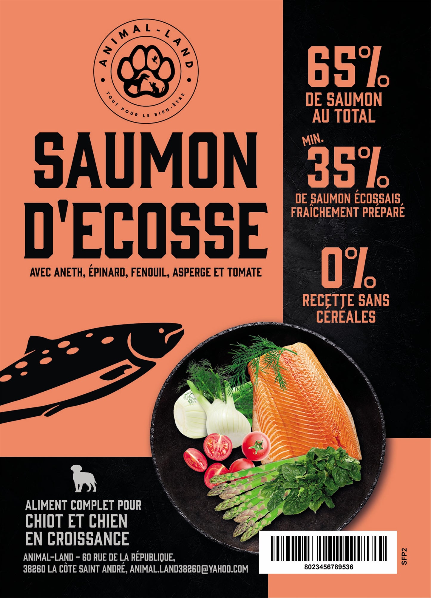 Superfood 65 — Chiot Saumon  écossais, aneth, épinard, fenouil, asperge, tomate. Santé de la peau et du pelage : Les oméga-3 et le collagène naturel améliorent la douceur du pelage et réduisent la perte de poils.
Soutien articulaire : Le collagène naturel présent dans le saumon frais aide à maintenir la santé des articulations et des os.
Santé digestive : Les prébiotiques MOS et FOS favorisent une flore intestinale saine.
Superaliments : Apport en antioxydants, béta-carotène, calcium, fibres, folate, fer.