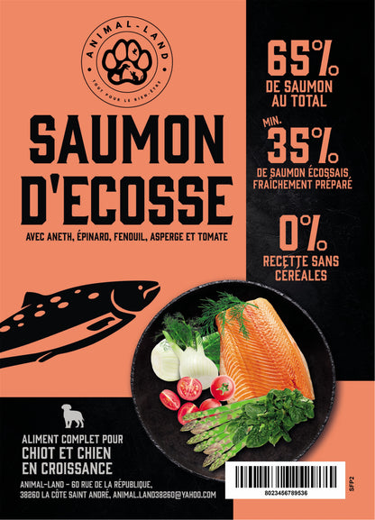 Superfood 65 — Chiot Saumon  écossais, aneth, épinard, fenouil, asperge, tomate. Santé de la peau et du pelage : Les oméga-3 et le collagène naturel améliorent la douceur du pelage et réduisent la perte de poils.
Soutien articulaire : Le collagène naturel présent dans le saumon frais aide à maintenir la santé des articulations et des os.
Santé digestive : Les prébiotiques MOS et FOS favorisent une flore intestinale saine.
Superaliments : Apport en antioxydants, béta-carotène, calcium, fibres, folate, fer.
