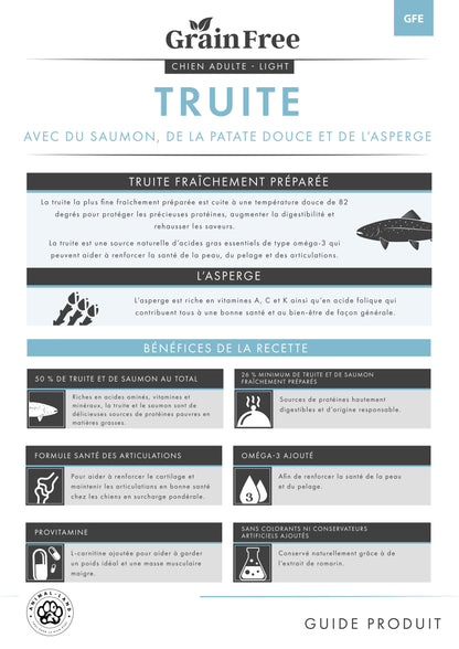 Origine 50 — Senior & adult Light Truite & Saumon, patate douce, asperge -
50% de truite et de saumon frais, patate douce et asperge, sans céréales.