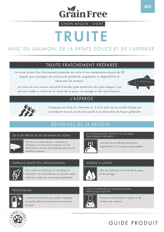 Origine 50 — Senior & adult Light Truite & Saumon, patate douce, asperge -
50% de truite et de saumon frais, patate douce et asperge, sans céréales.