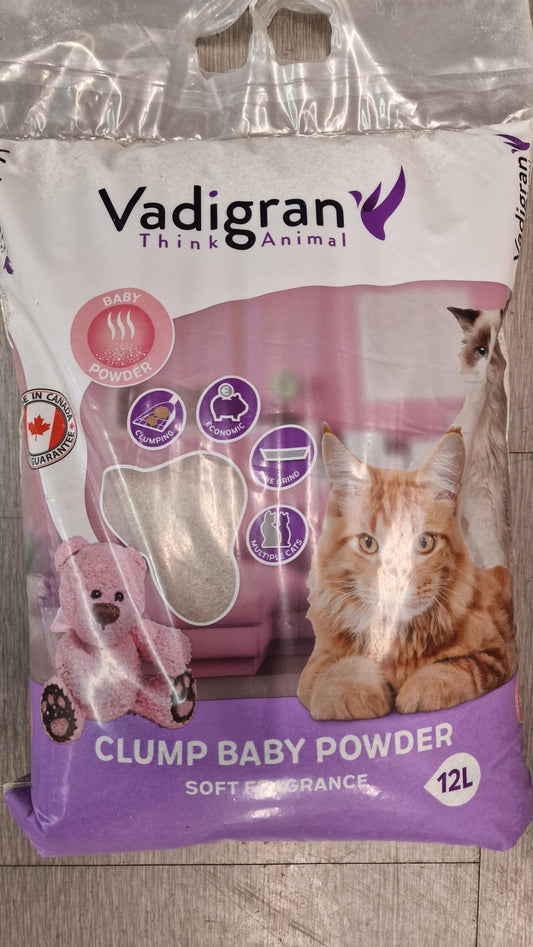 Litière chat agglomérante Vadigran Clump Baby Powder – Bentonite 12 L (12 kg)