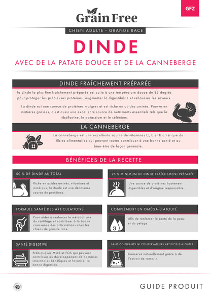 • 50 % de dinde au total, source de protéines, vitamines et minéraux
• 26 % minimum de dinde fraîchement préparée, hautement digestible
• Formule santé des articulations adaptée aux grandes races (glucosamine, chondroïtine)
• Oméga-3 ajouté pour la santé de la peau et du pelage
• Prébiotiques MOS/FOS pour la santé digestive
• Sans colorants ni conservateurs artificiels (extrait de romarin)