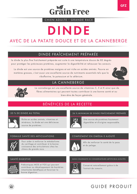 • 50 % de dinde au total, source de protéines, vitamines et minéraux
• 26 % minimum de dinde fraîchement préparée, hautement digestible
• Formule santé des articulations adaptée aux grandes races (glucosamine, chondroïtine)
• Oméga-3 ajouté pour la santé de la peau et du pelage
• Prébiotiques MOS/FOS pour la santé digestive
• Sans colorants ni conservateurs artificiels (extrait de romarin)