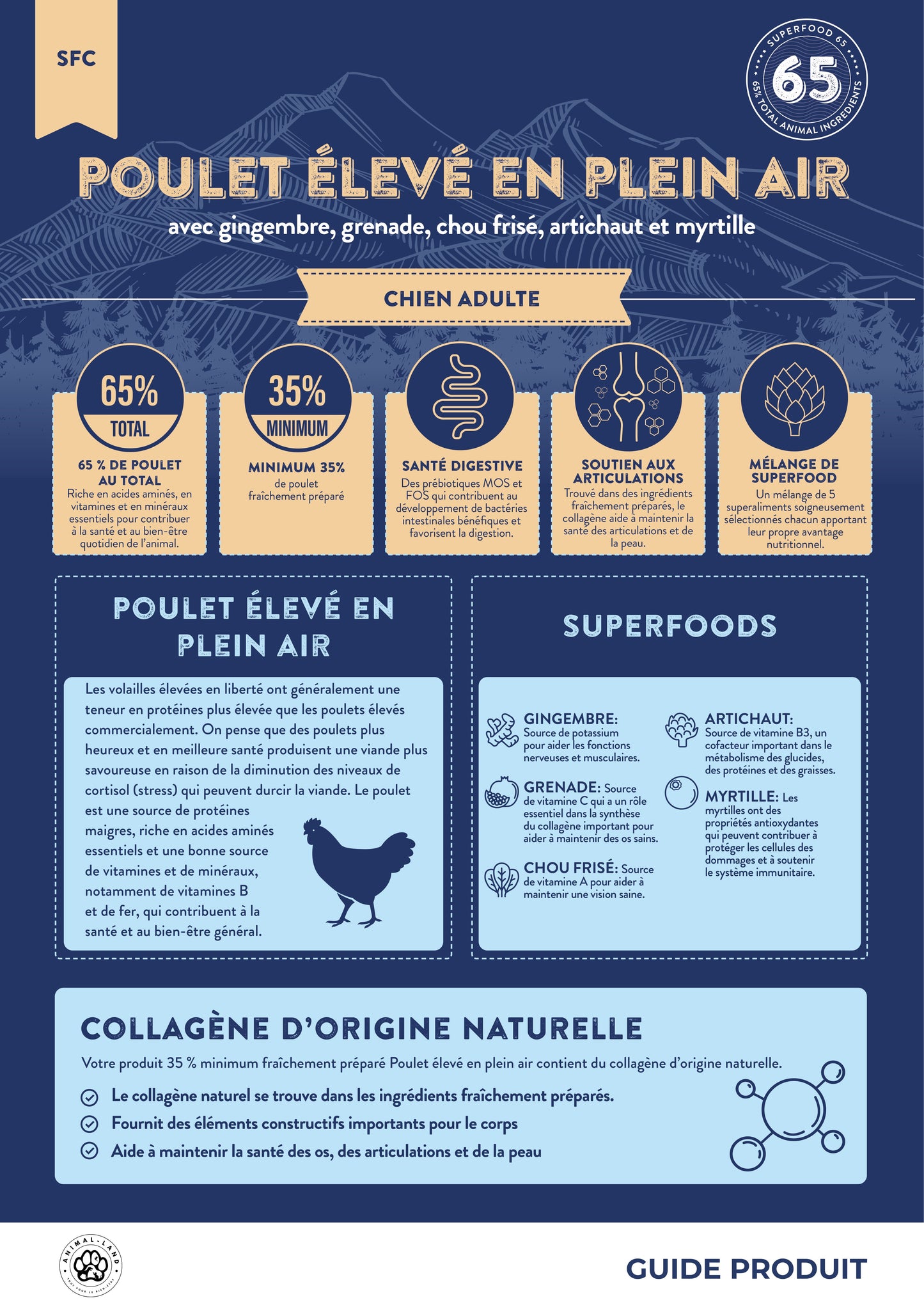 Intensité 65 — Adulte Poulet élevé en plein air, gingembre, grenade, chou frisé, artichaut, myrtille