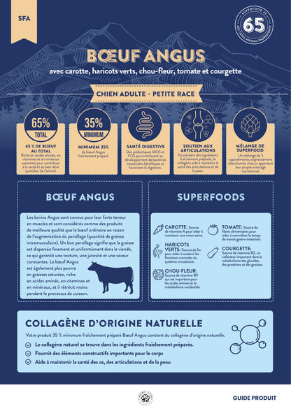 Superfood 65 — Tout Stade de Vie Petite race Bœuf angus, carotte, haricot vert, chou-fleur, tomate, courgette